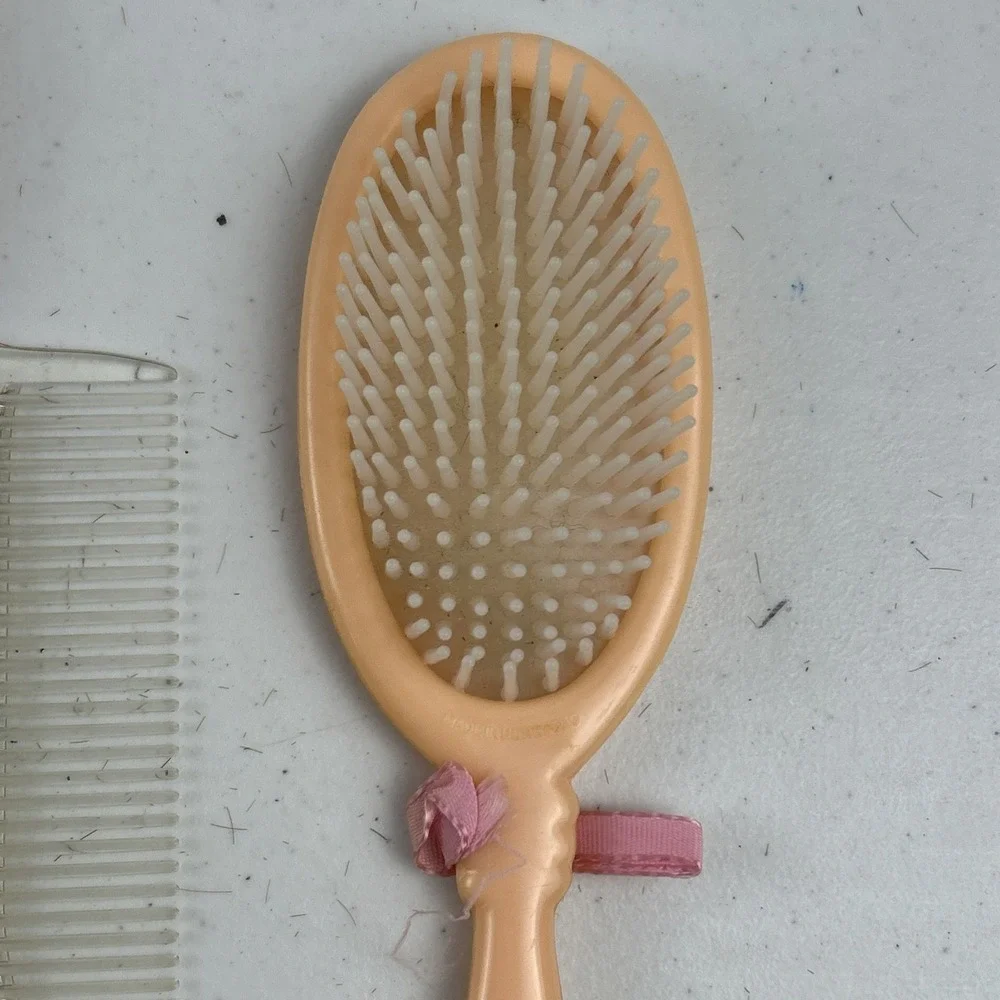 Vintage Child's Doll Face Kitschy Hand Vanity Mirror, Comb, Brush Set
